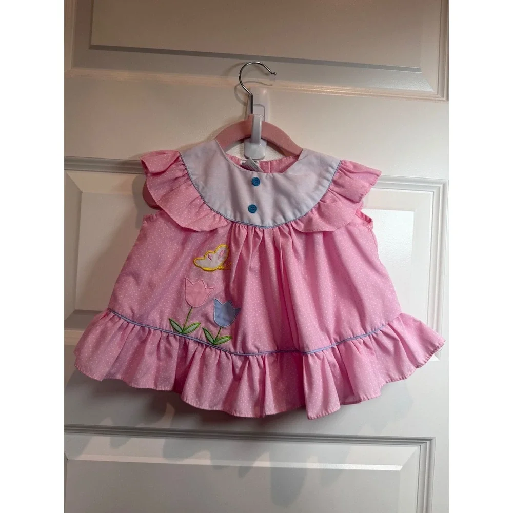 16.Color Kids Pink Polka Dot Embroidered Butterfly Ruffle Top Size 24 Months